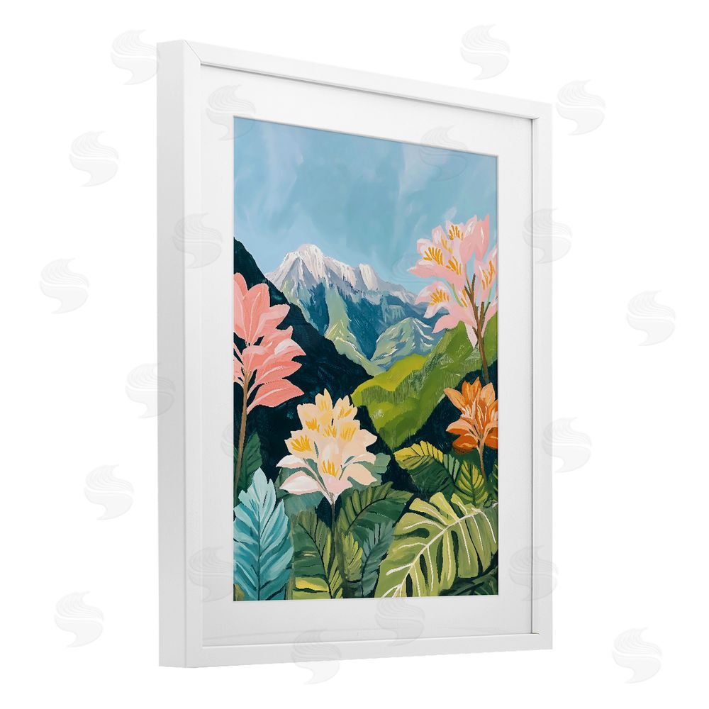 The Prints Vibe Tropical Mountain Landscape White Framed Print Under Glass with White Mat Wall Art
