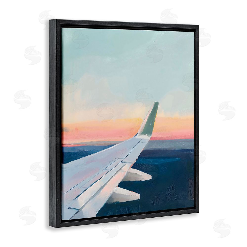 The Prints Vibe Airplane Wing Sunset Black Floating Frame Stretched Canvas Wall Art Print
