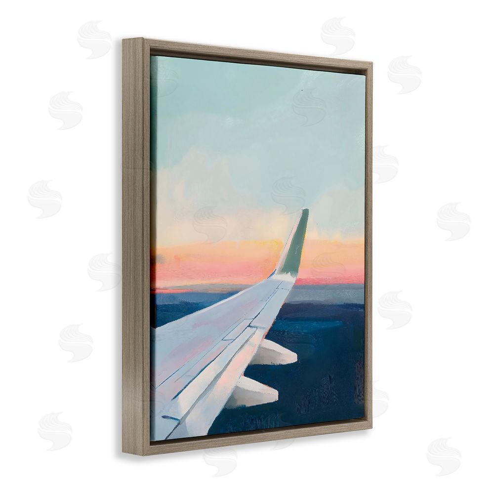 The Prints Vibe Airplane Wing Sunset Brown Floating Frame Stretched Canvas Wall Art Print