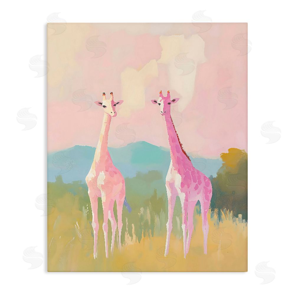 The Prints Vibe Pink Giraffes on Savanna Stretched Canvas Wall Art