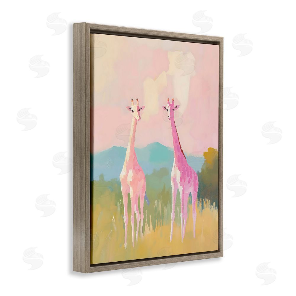 The Prints Vibe Pink Giraffes on Savanna Brown Floating Framed Canvas Wall Art