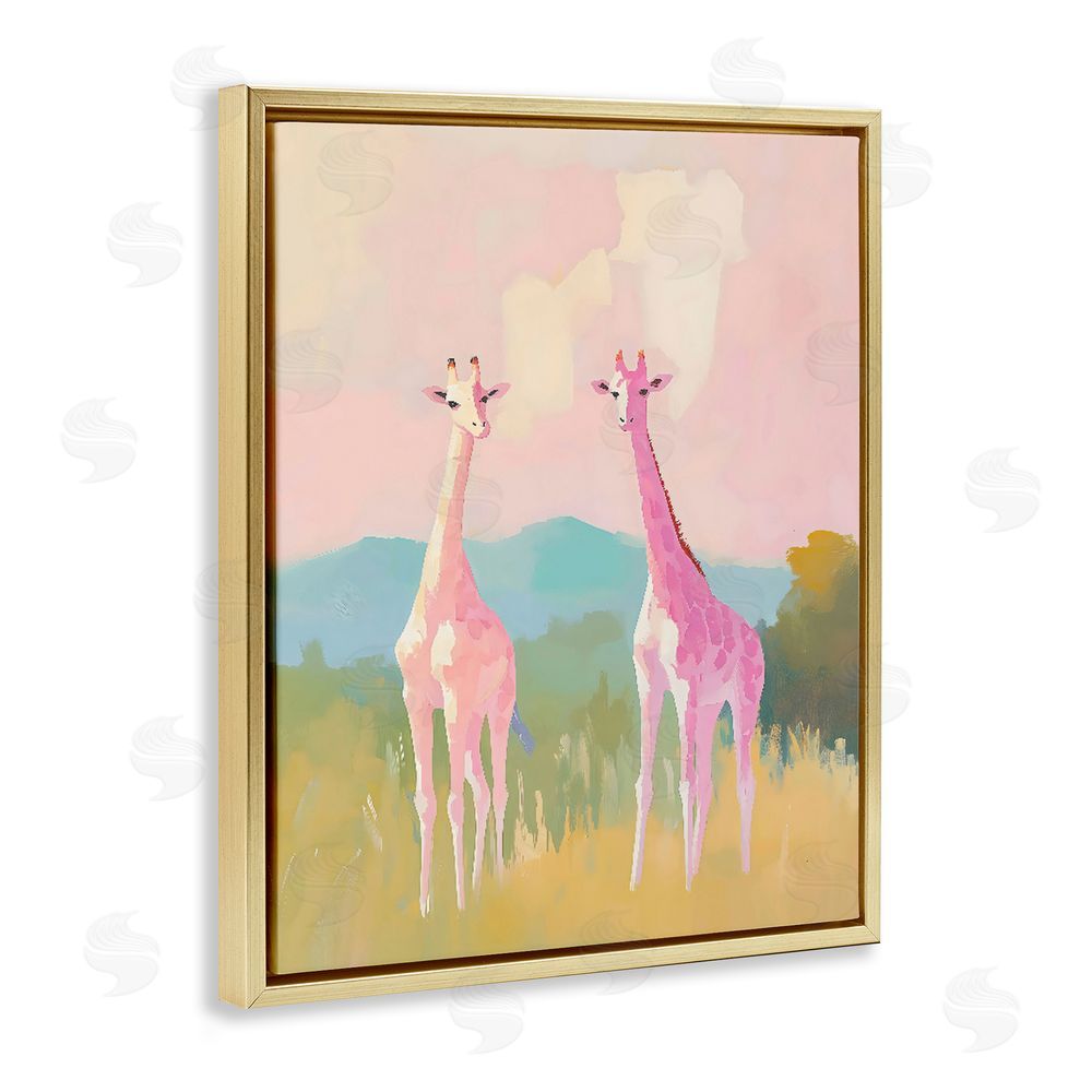 The Prints Vibe Pink Giraffes on Savanna Gold Floating Framed Canvas Wall Art