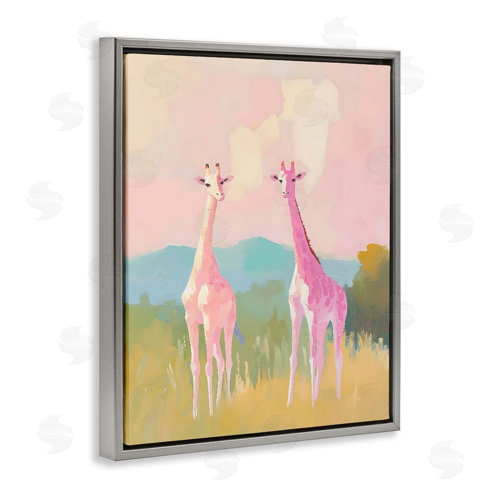 The Prints Vibe Pink Giraffes on Savanna Gray Floating Framed Canvas Wall Art