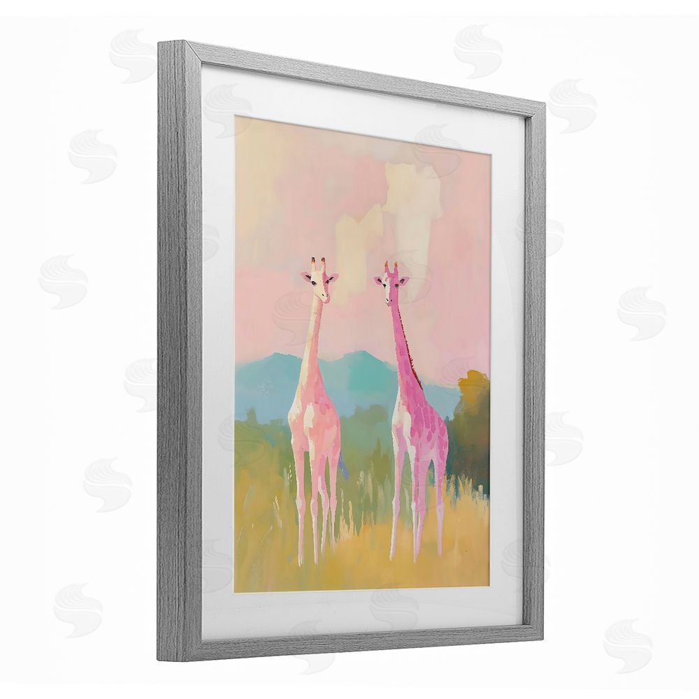 The Prints Vibe Pink Giraffes on Savanna Gray Framed Print Under Glass Wall Art