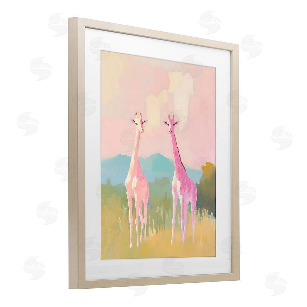 The Prints Vibe Pink Giraffes on Savanna Brown Framed Print Under Glass Wall Art