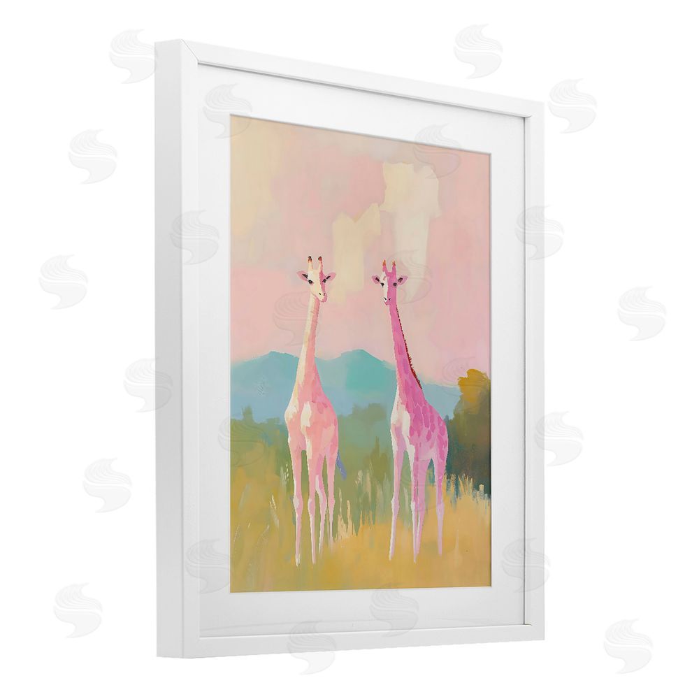 The Prints Vibe Pink Giraffes on Savanna White Framed Print Under Glass Wall Art