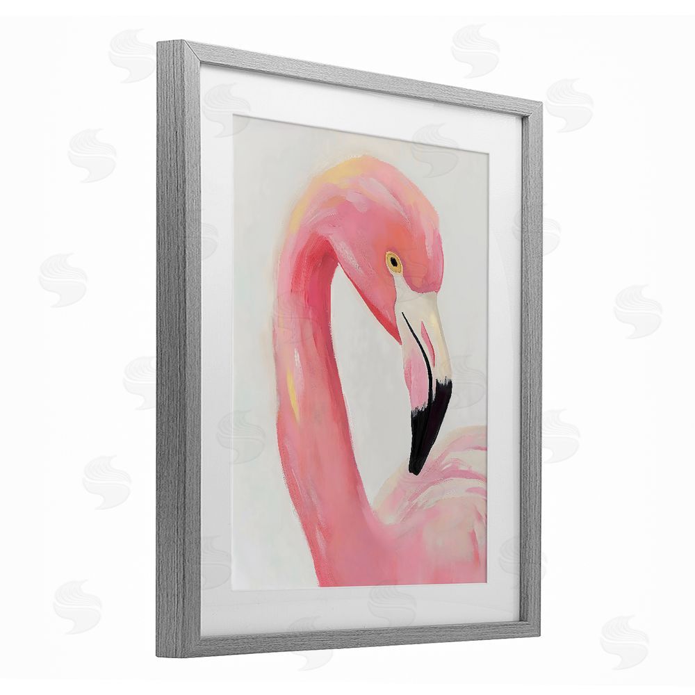 The Prints Vibe Serene Pink Flamingo Portrait Gray Framed Print Under Glass with White Mat Wall Art