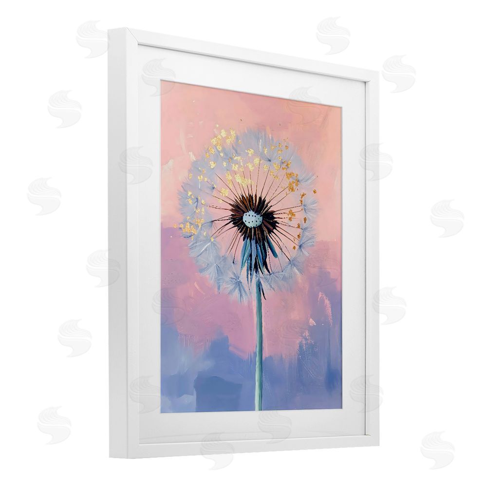 The Prints Vibe Pastel Dandelion with Gold Seeds White Framed Print Under Glass Wall Art