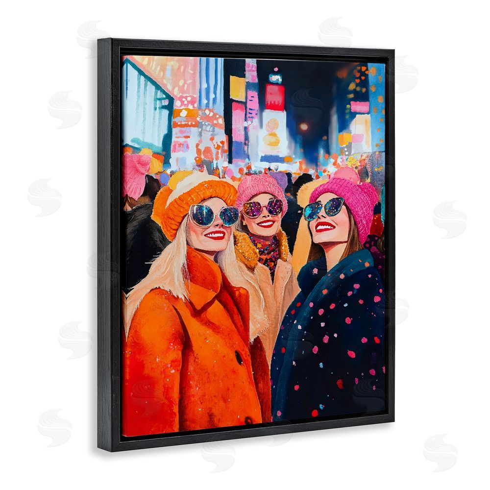 LSR Design Studio New Year's Girls in City Black Floating Framed Canvas Wall Art