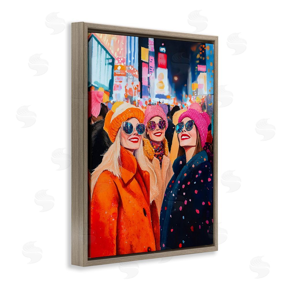 LSR Design Studio New Year's Girls in City Brown Floating Framed Canvas Wall Art