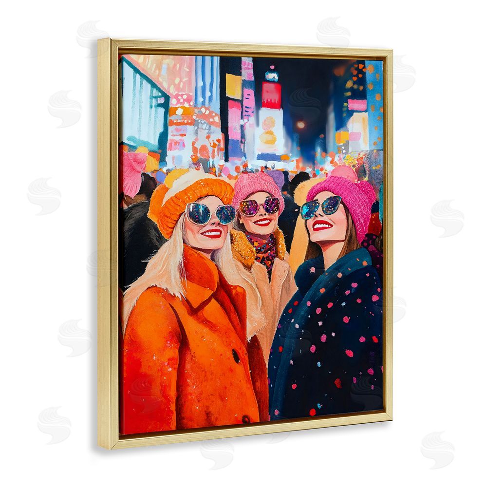 LSR Design Studio New Year's Girls in City Gold Floating Framed Canvas Wall Art