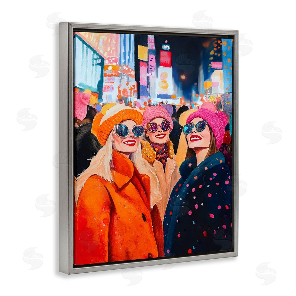 LSR Design Studio New Year's Girls in City Gray Floating Framed Canvas Wall Art