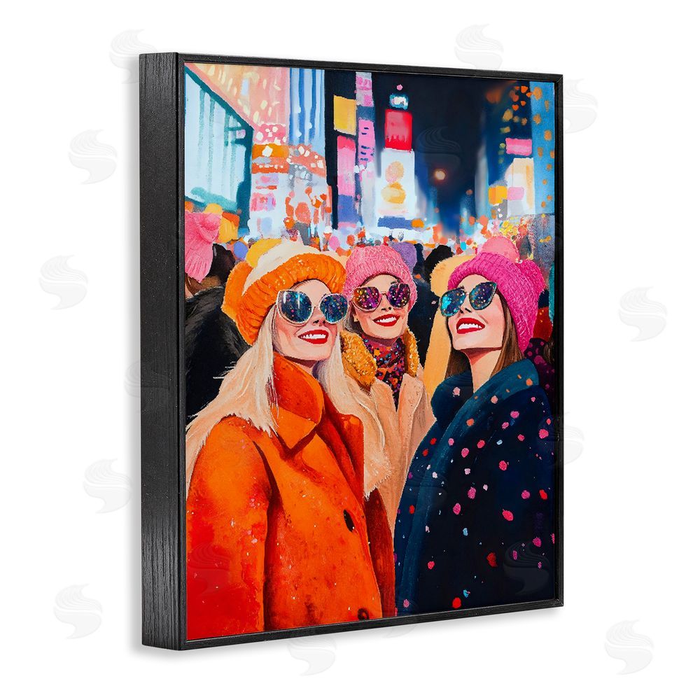 LSR Design Studio New Year's Girls in City Black Framed Giclee Wall Art