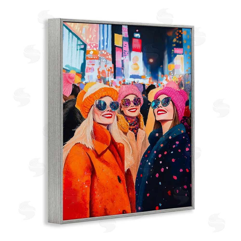 LSR Design Studio New Year's Girls in City Gray Framed Giclee Wall Art