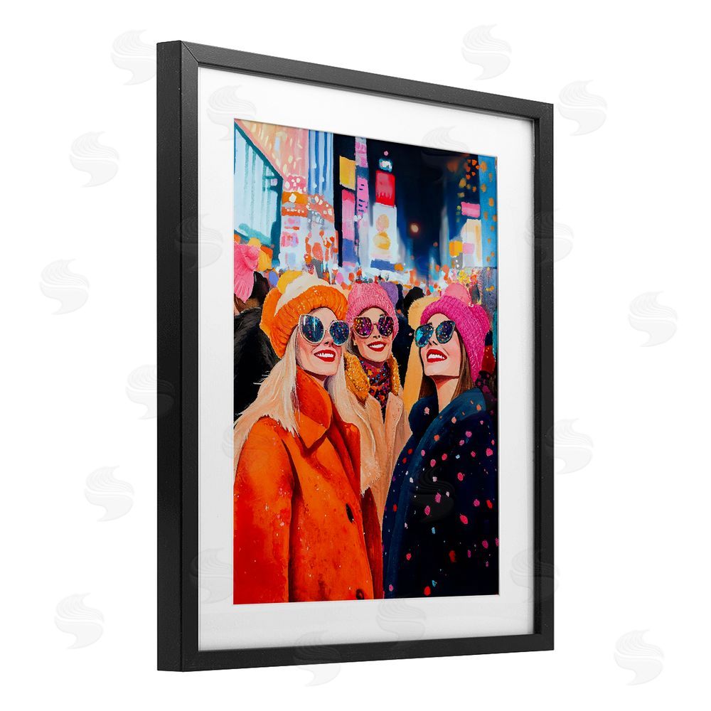 LSR Design Studio New Year's Girls in City Black Framed Print Under Glass Wall Art