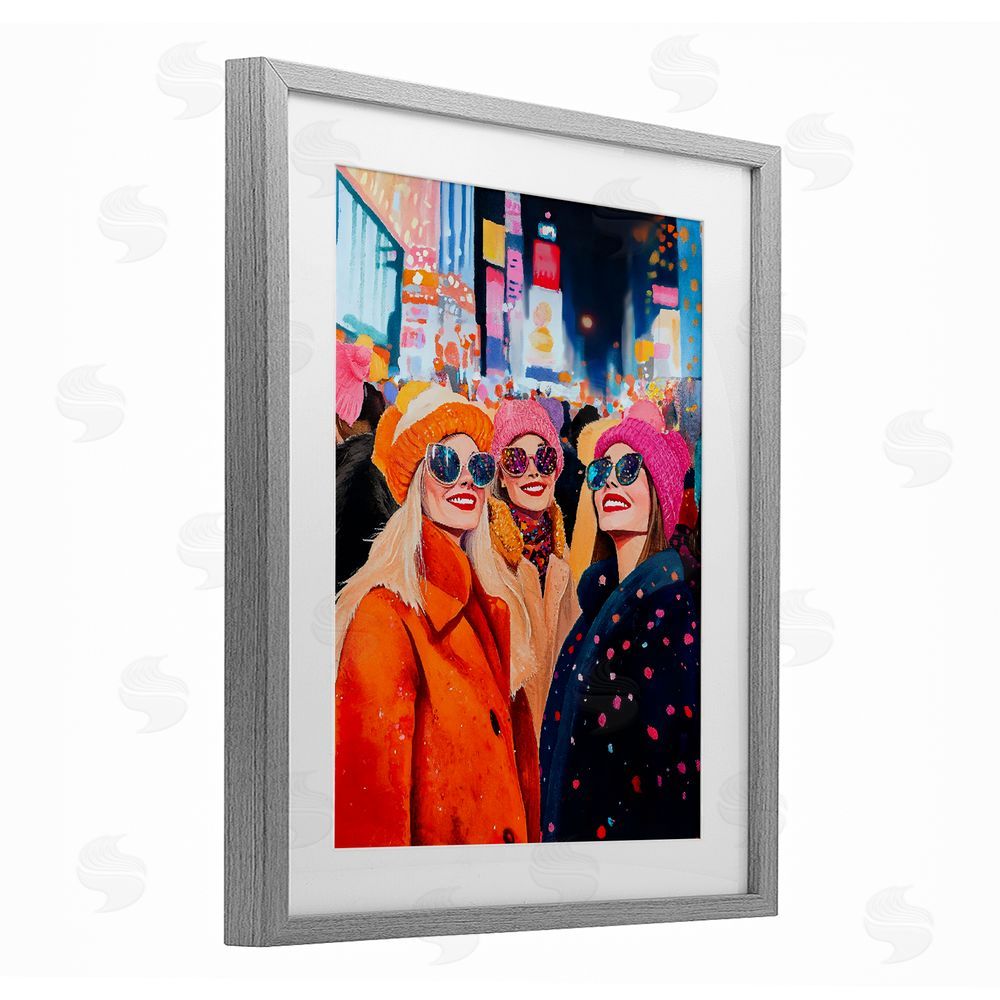 LSR Design Studio New Year's Girls in City Gray Framed Print Under Glass Wall Art