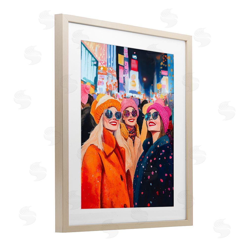 LSR Design Studio New Year's Girls in City Brown Framed Print Under Glass Wall Art