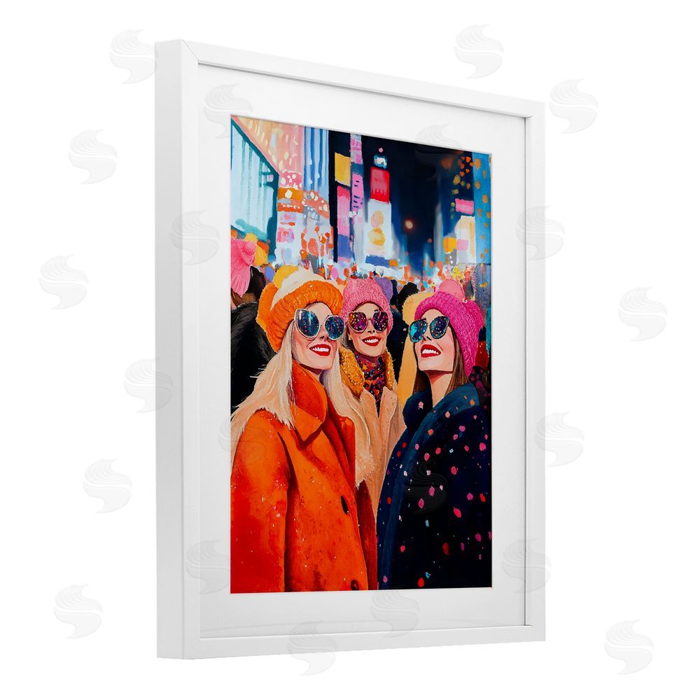 LSR Design Studio New Year's Girls in City White Framed Print Under Glass Wall Art