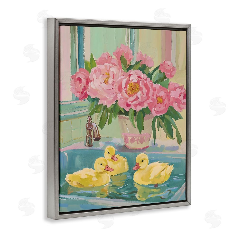 The Prints Vibe Ducks in Sink Bath Gray Floating Frame Canvas Wall Art Print