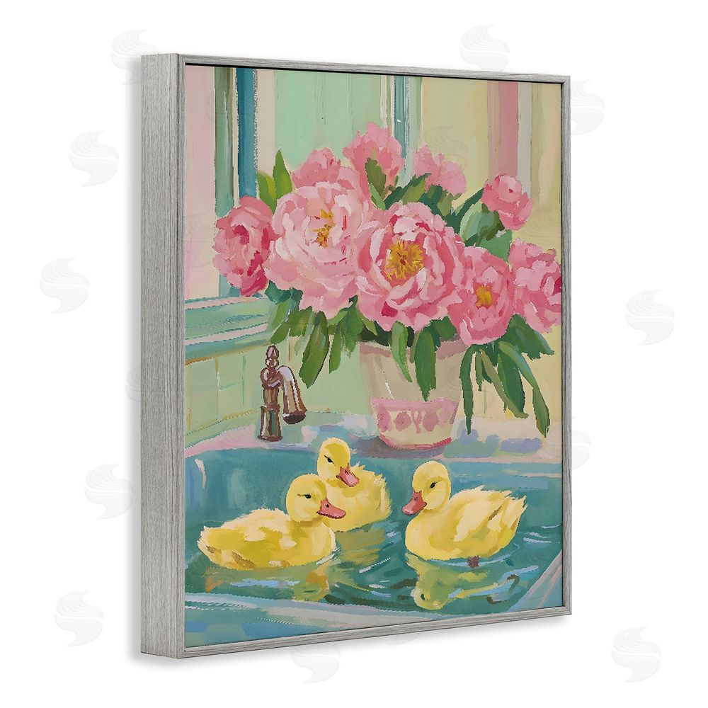 The Prints Vibe Ducks in Sink Bath Gray Framed Giclee Wall Art Print