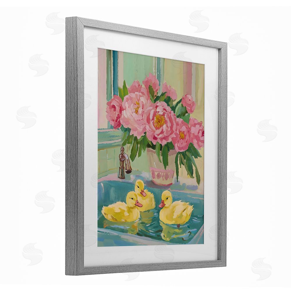 The Prints Vibe Ducks in Sink Bath Gray Framed Print Under Glass Wall Art