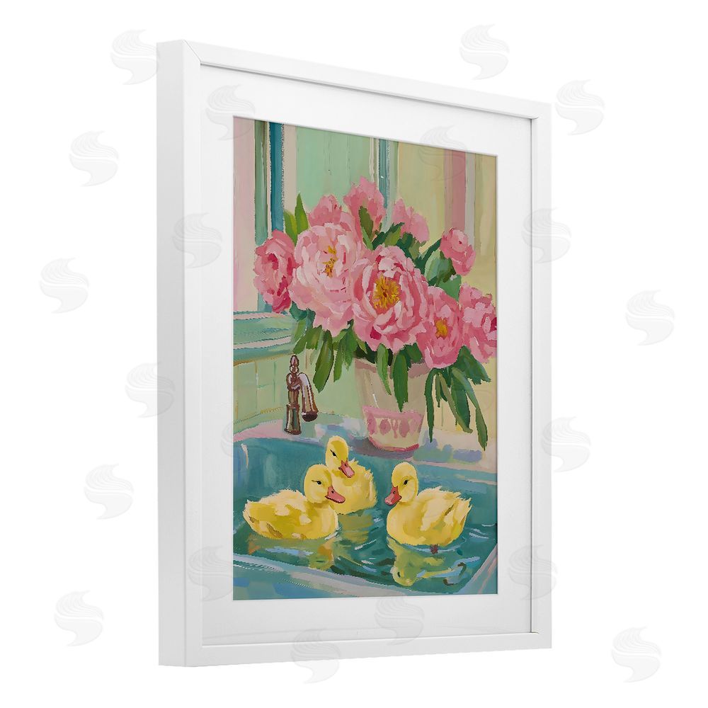 The Prints Vibe Ducks in Sink Bath White Framed Print Under Glass Wall Art