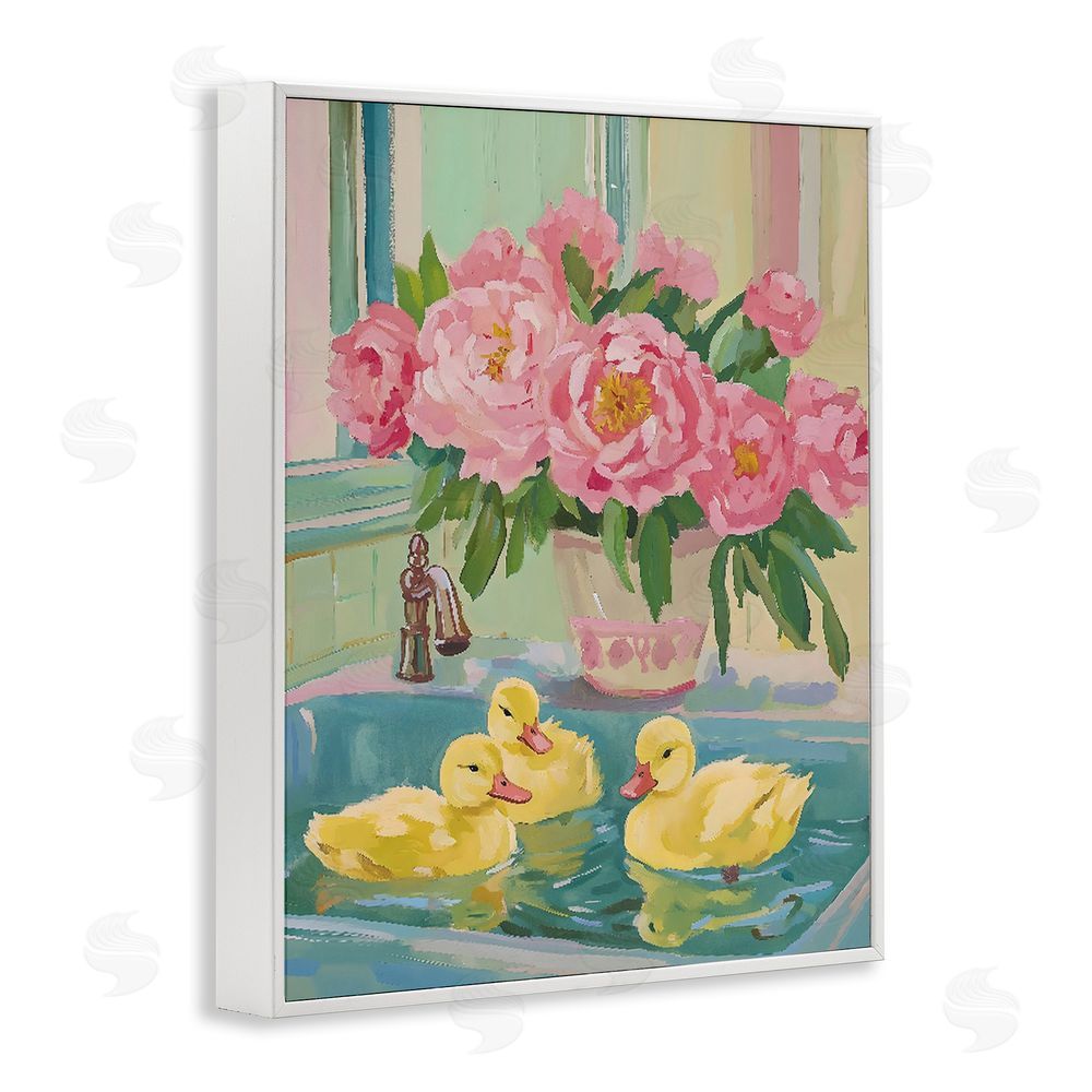 The Prints Vibe Ducks in Sink Bath White Framed Giclee Wall Art Print