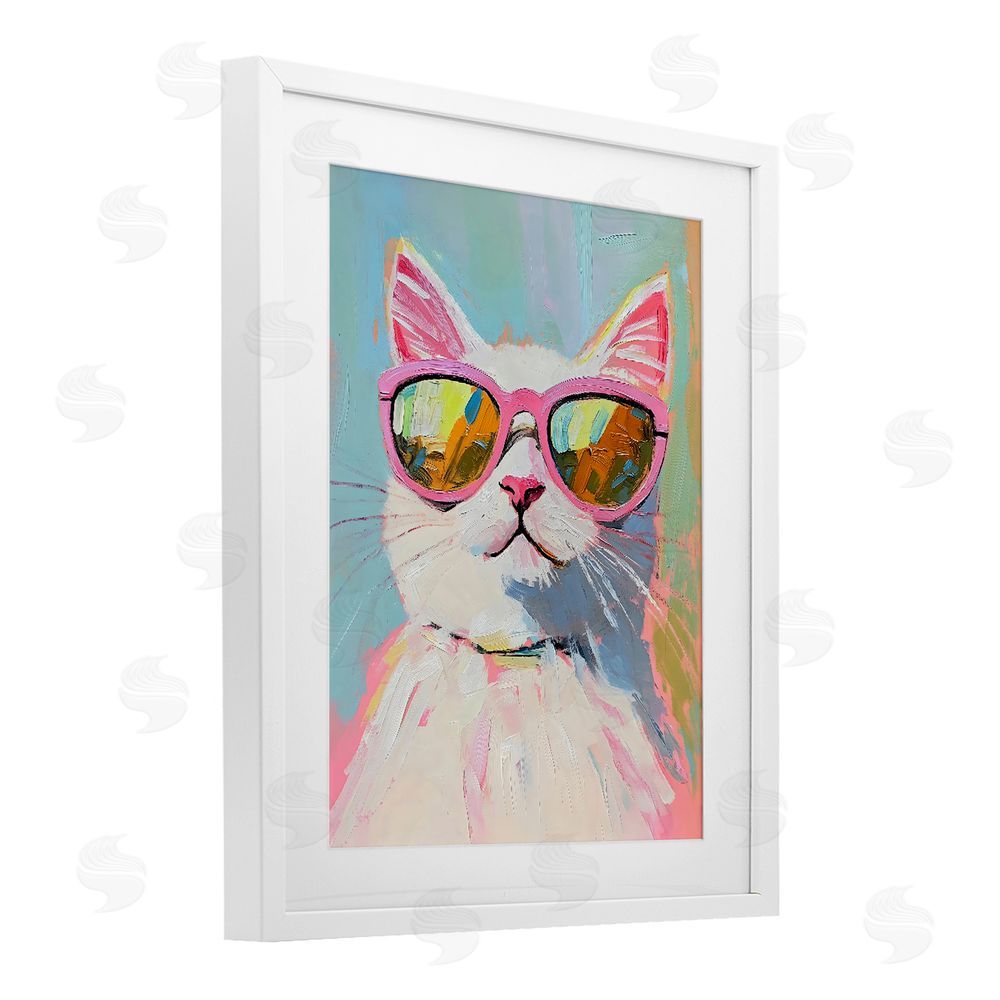 The Prints Vibe Cool Cat in Sunglasses White Framed Print Under Glass Wall Art
