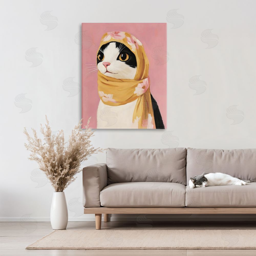 The Prints Vibe Cat Babushka in Yellow Scarf Stretched Canvas Wall Art Print in Room