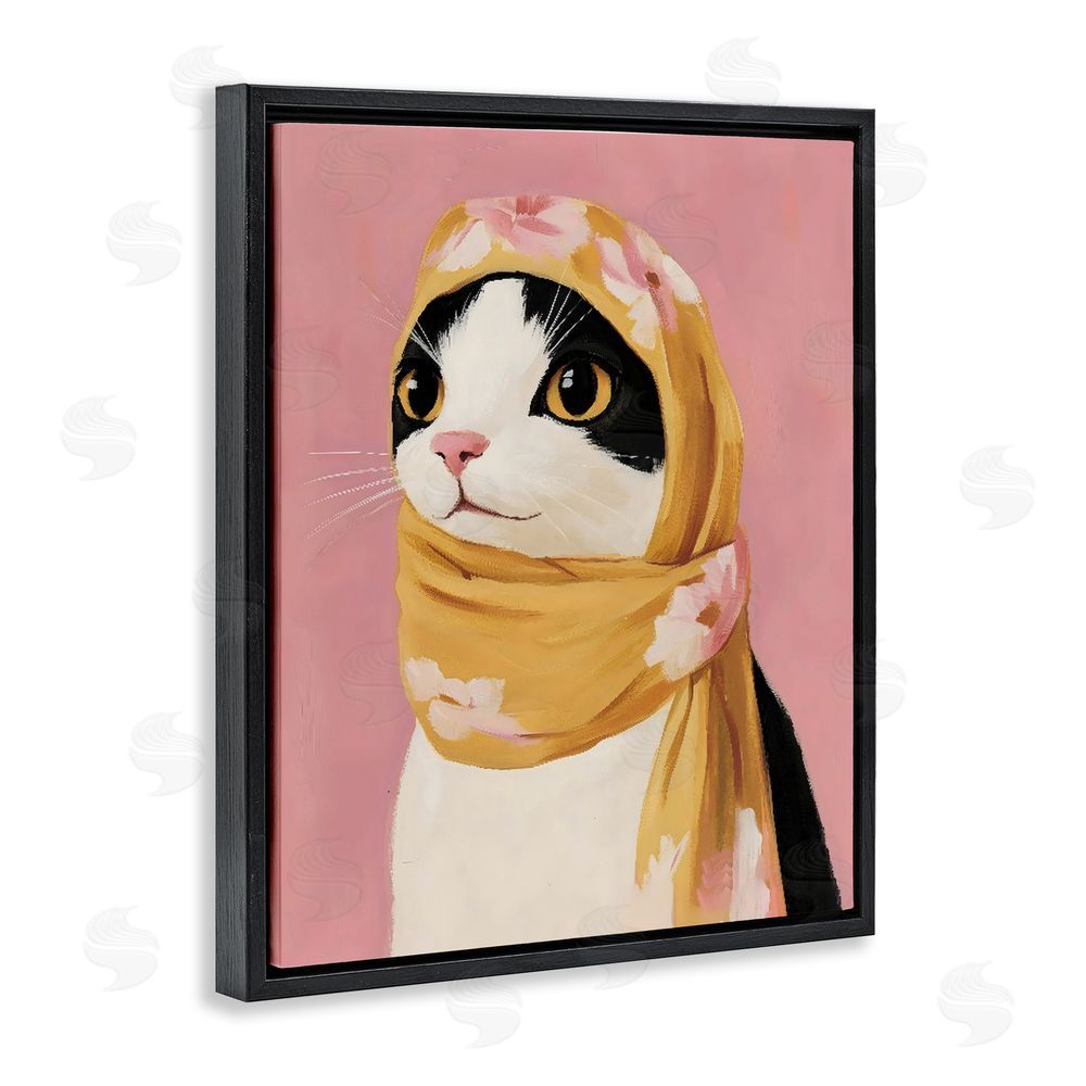 The Prints Vibe Cat Babushka in Yellow Scarf Black Floating Frame Stretched Canvas Wall Art Print