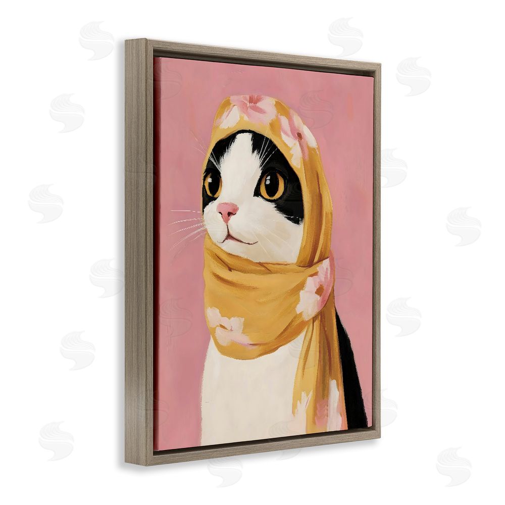 The Prints Vibe Cat Babushka in Yellow Scarf Brown Floating Frame Stretched Canvas Wall Art Print