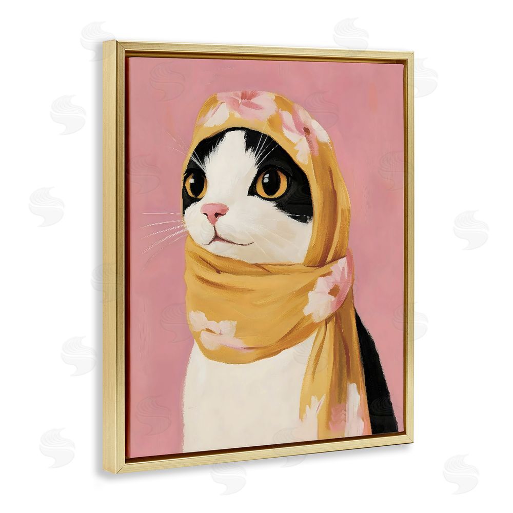 The Prints Vibe Cat Babushka in Yellow Scarf Gold Floating Frame Stretched Canvas Wall Art Print
