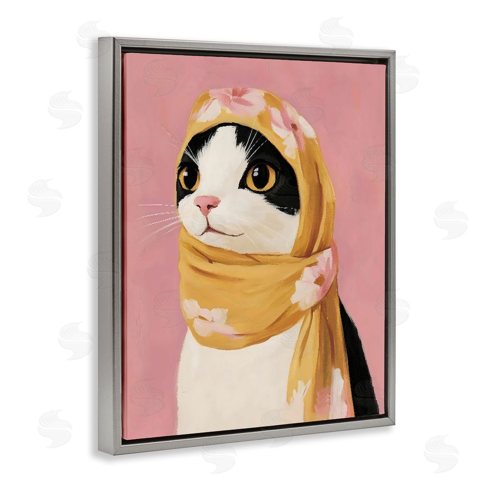The Prints Vibe Cat Babushka in Yellow Scarf Gray Floating Frame Stretched Canvas Wall Art Print