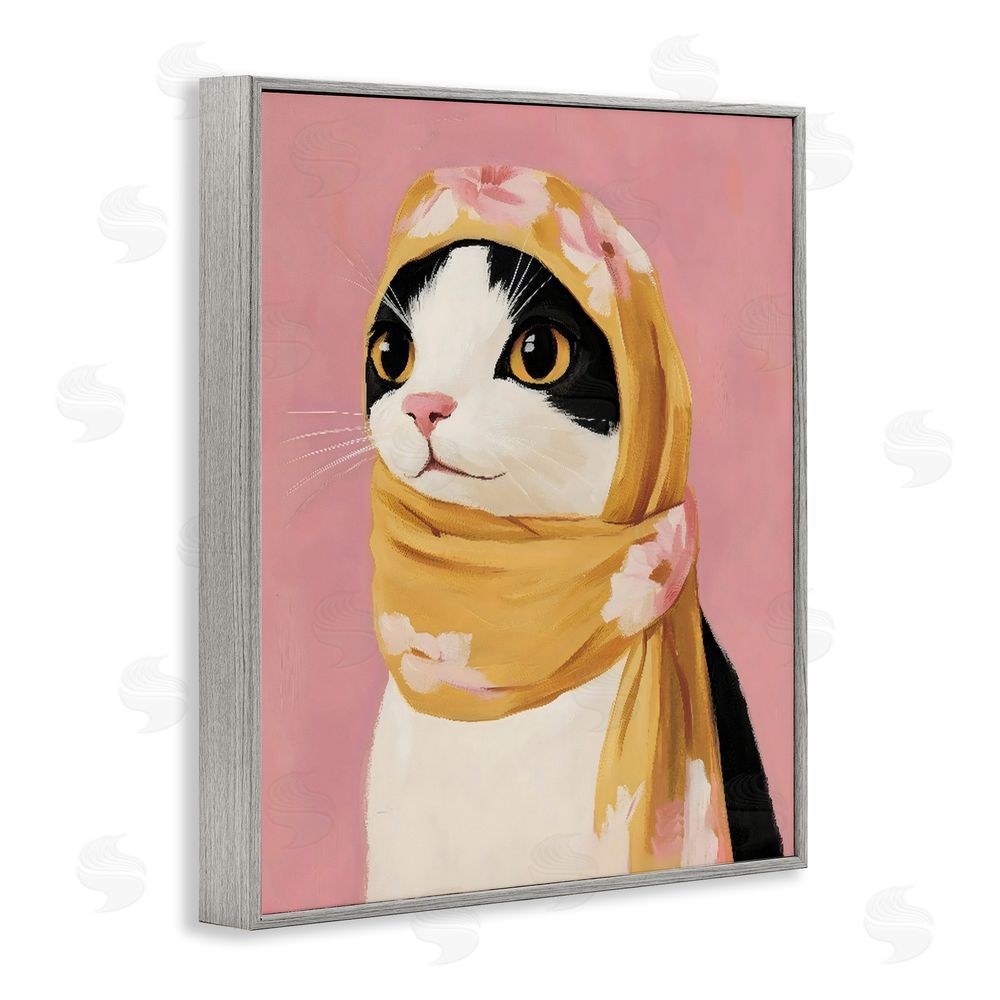 The Prints Vibe Cat Babushka in Yellow Scarf Gray Framed Giclee Wall Art Print