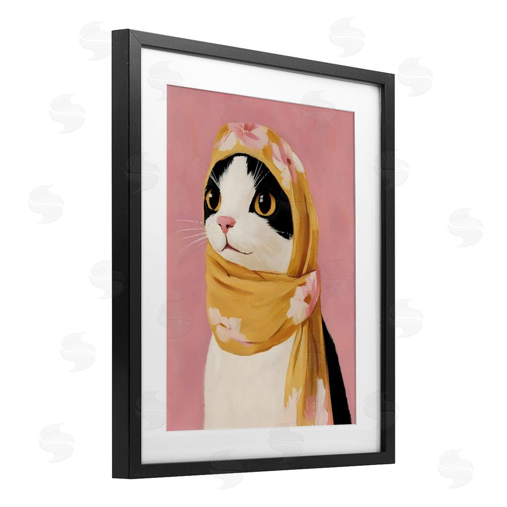 The Prints Vibe Cat Babushka in Yellow Scarf Black Framed Print Under Glass with Matting Wall Art