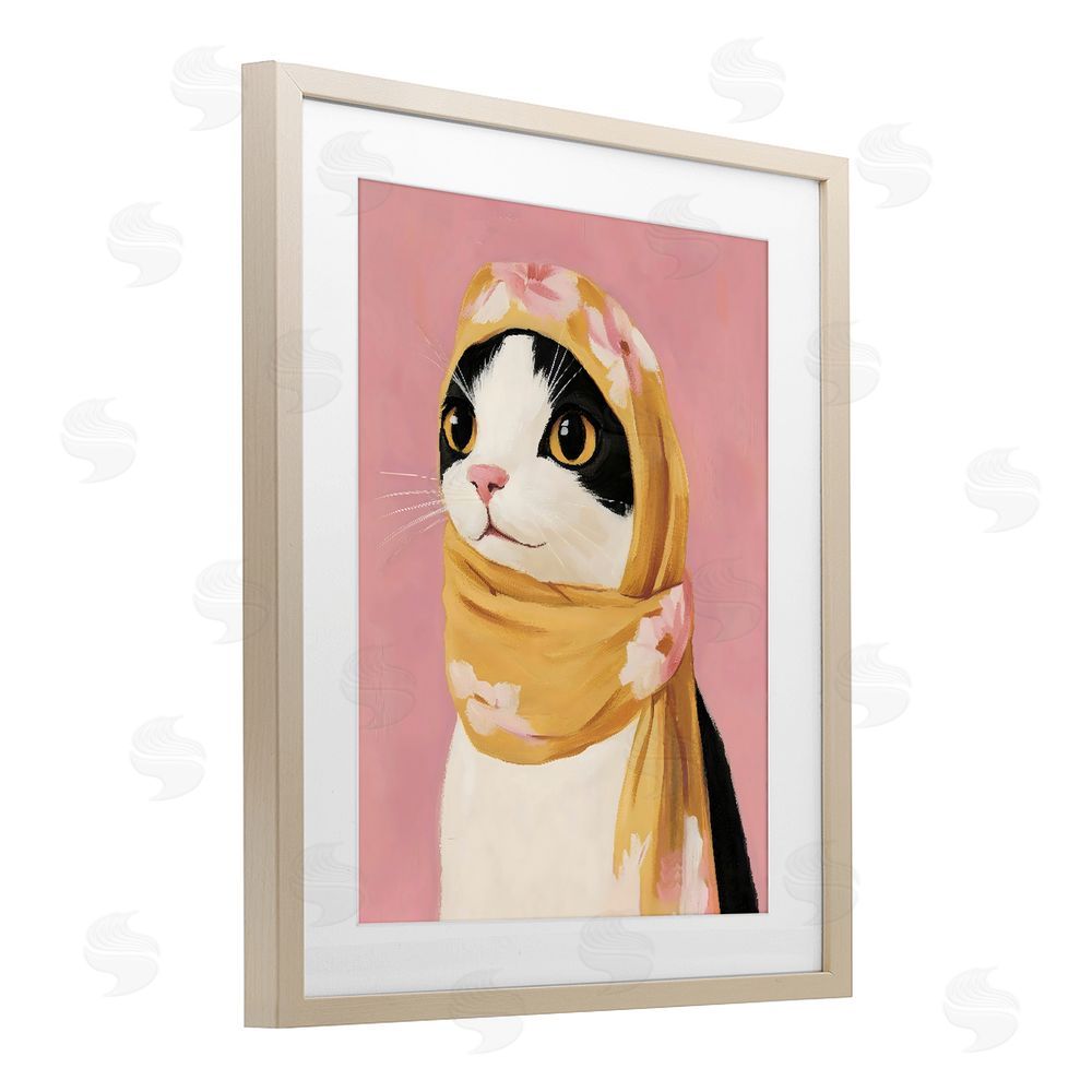 The Prints Vibe Cat Babushka in Yellow Scarf Brown Framed Print Under Glass with Matting Wall Art