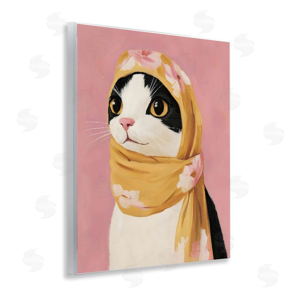 The Prints Vibe Cat Babushka in Yellow Scarf Wall Plaque Art Print with White Foil Wrap