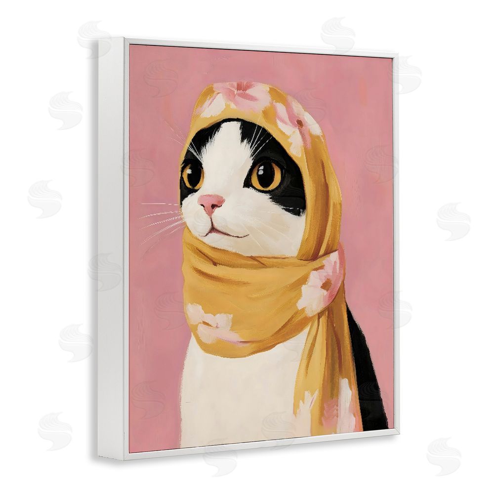 The Prints Vibe Cat Babushka in Yellow Scarf White Framed Giclee Wall Art Print