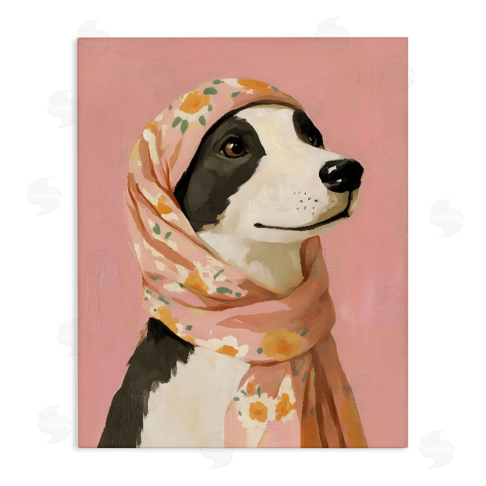 The Prints Vibe Dog Babushka in Floral Scarf Stretched Canvas Wall Art