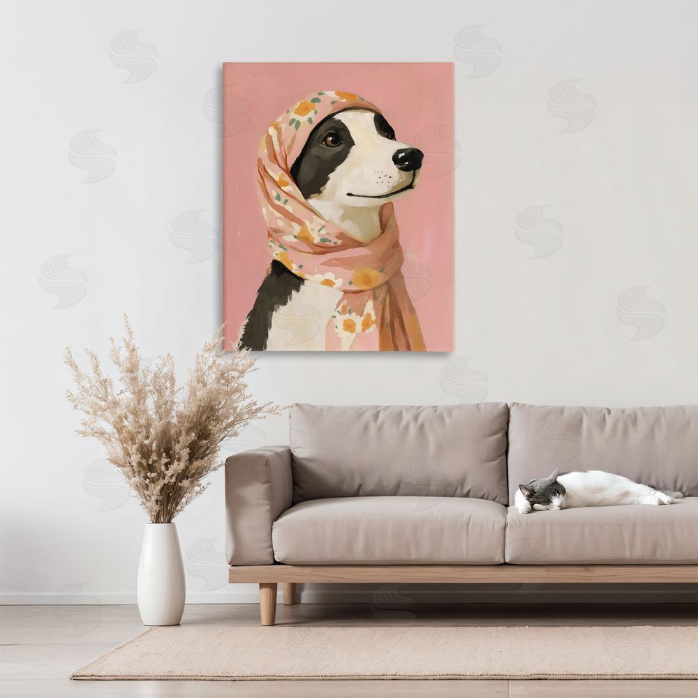 The Prints Vibe Dog Babushka in Floral Scarf Stretched Canvas Wall Art in Room
