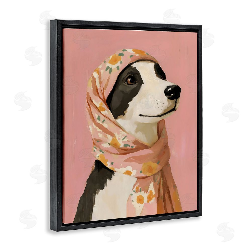 The Prints Vibe Dog Babushka in Floral Scarf Black Floating Frame Canvas Wall Art Print