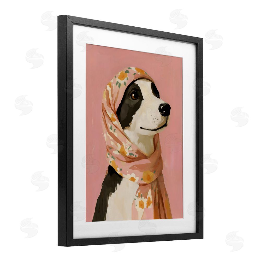 The Prints Vibe Dog Babushka in Floral Scarf Black Framed Print Under Glass Wall Art