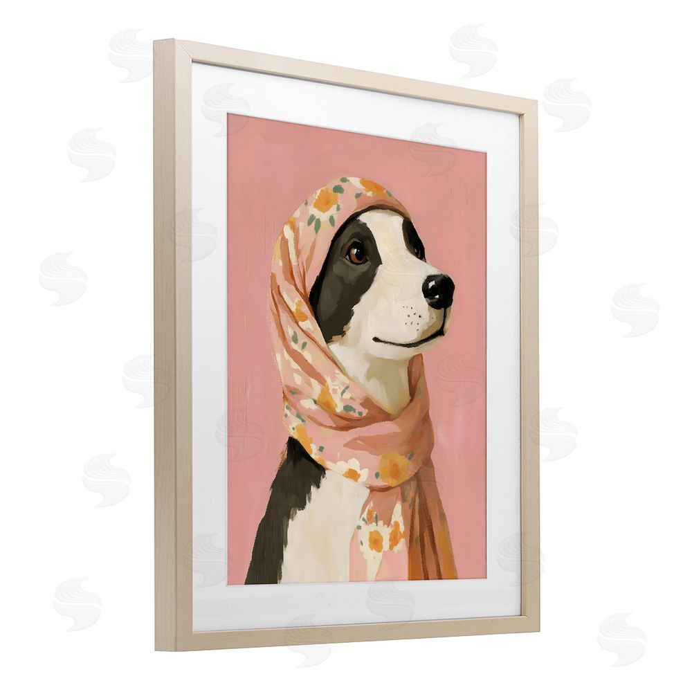 The Prints Vibe Dog Babushka in Floral Scarf Brown Framed Print Under Glass Wall Art
