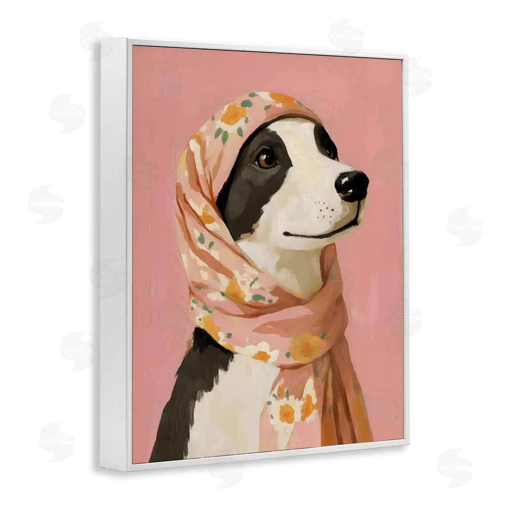 The Prints Vibe Dog Babushka in Floral Scarf White Framed Giclee Wall Art Print