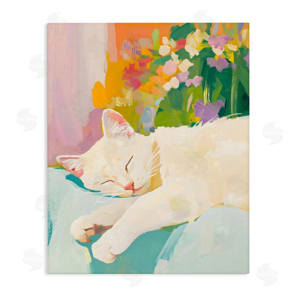 The Prints Vibe Sleeping Cat with Flowers Stretched Canvas Wall Art Print