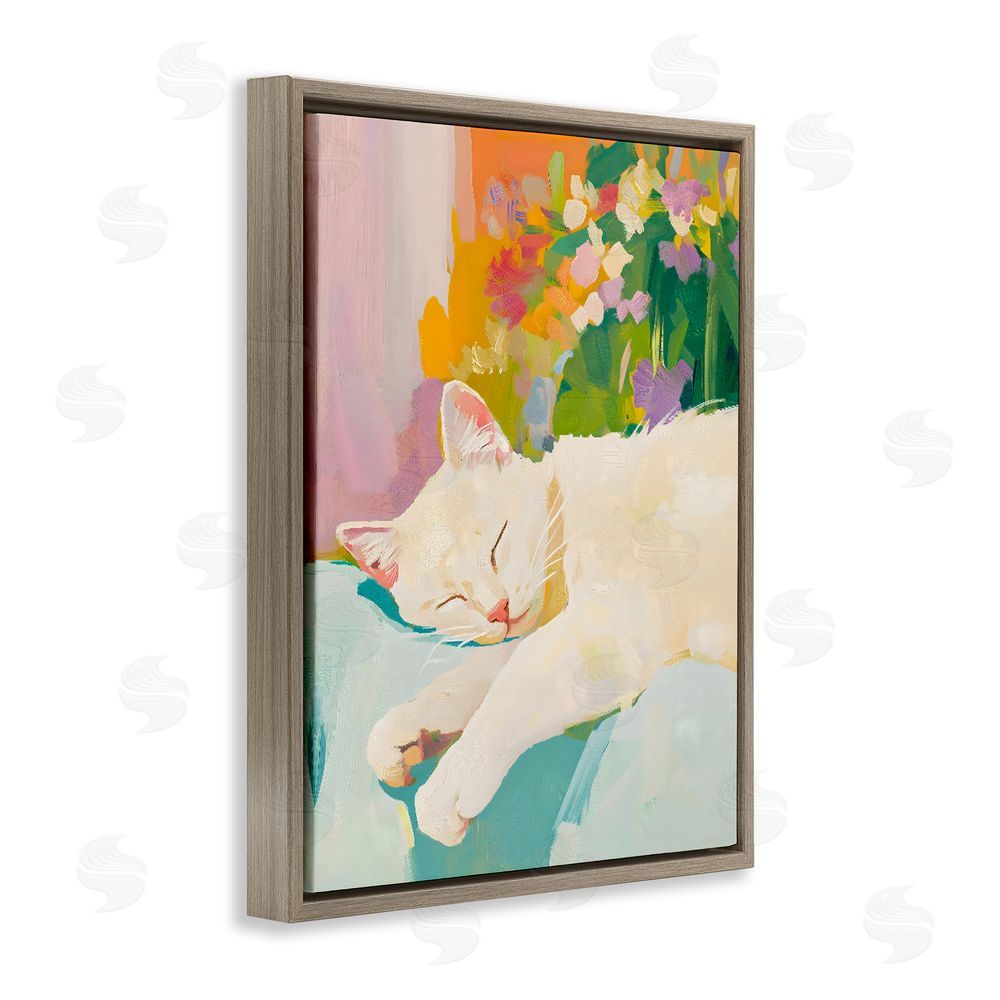 The Prints Vibe Sleeping Cat with Flowers Brown Floating Framed Canvas Wall Art Print