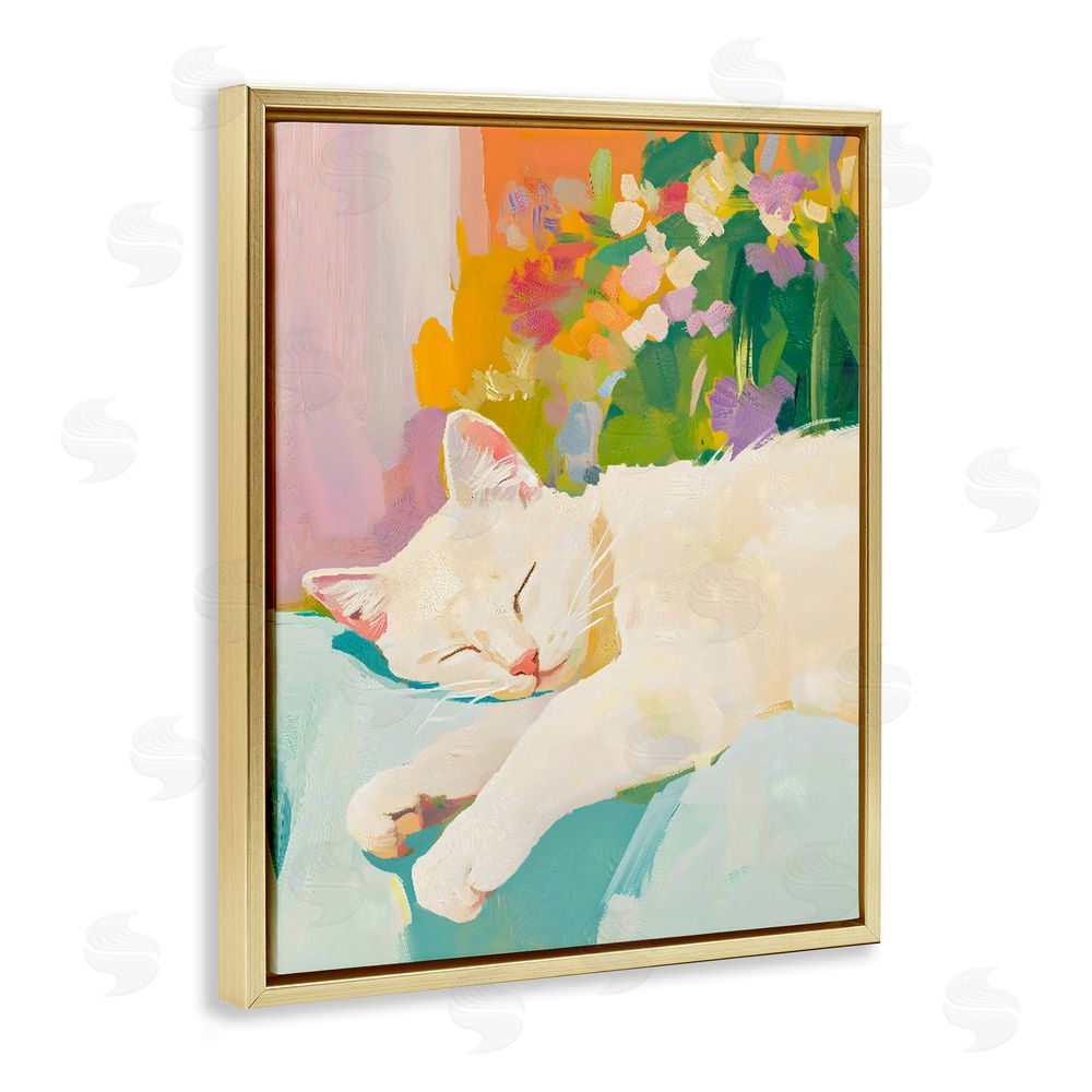The Prints Vibe Sleeping Cat with Flowers Gold Floating Framed Canvas Wall Art Print