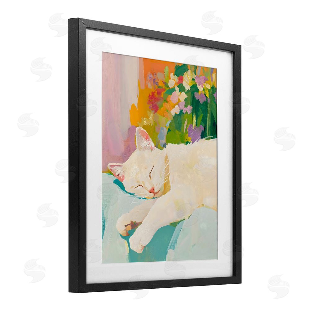 The Prints Vibe Sleeping Cat with Flowers Black Framed Print Under Glass with White Mat Wall Art