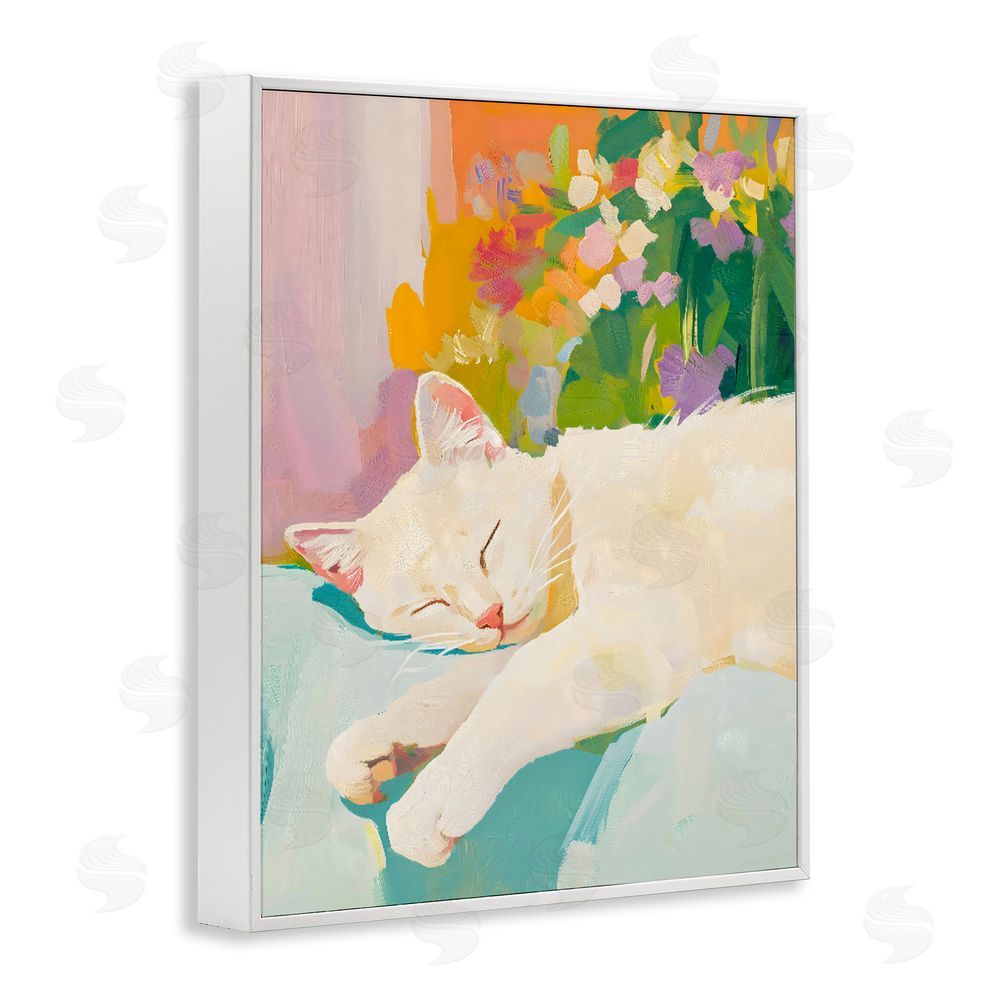 The Prints Vibe Sleeping Cat with Flowers White Framed Giclee Wall Art Print