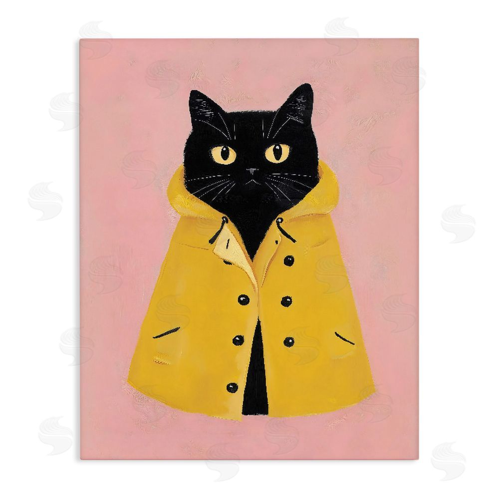The Prints Vibe Black Cat in Yellow Raincoat Stretched Canvas Wall Art Print